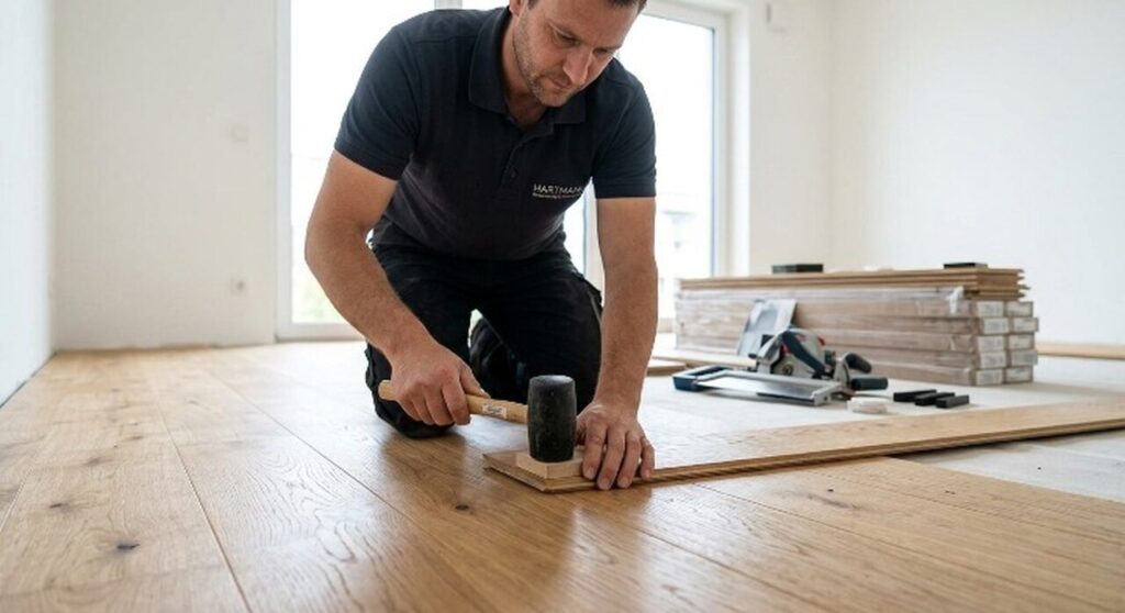 Professionelle Bodenverlegung von hochwertigem Eichenparkett in Potsdam und Berlin durch einen Fachmann der Firma Hartmann Renovierung.