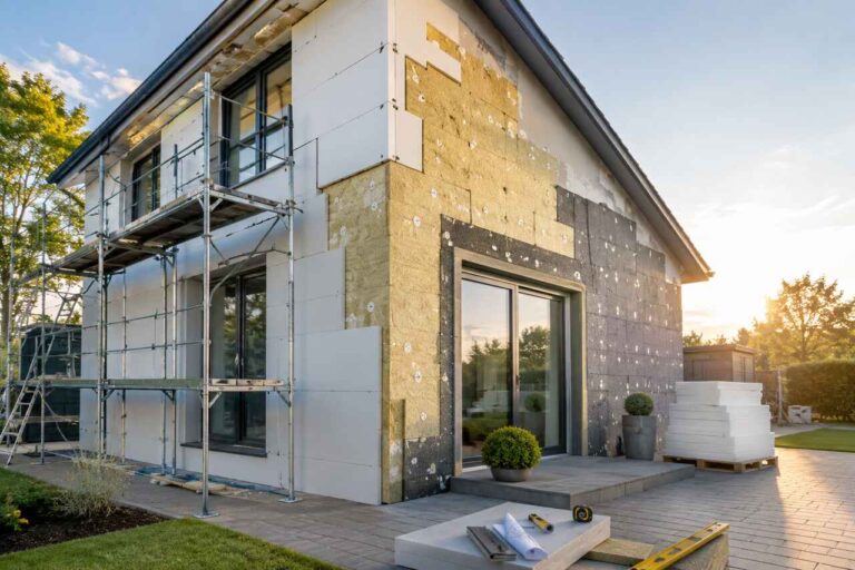 Modernes Einfamilienhaus während einer energetischen Sanierung mit Fassadendämmung