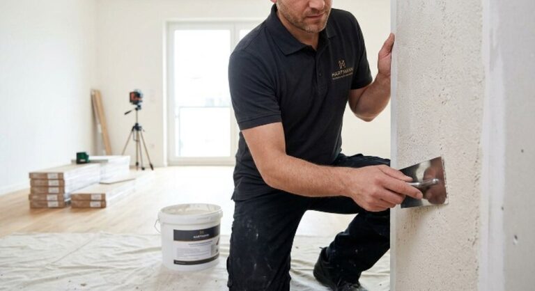Maler von Hartmann Renovierung bei der professionellen Spachteltechnik für perfekt glatte Wände im Innenausbau in Berlin.