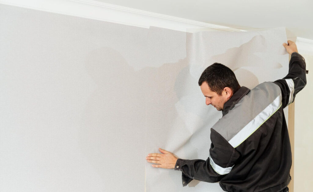 Ein professioneller Handwerker klebt sorgfältig eine moderne Tapete an eine Wand in einem Berliner Altbau.